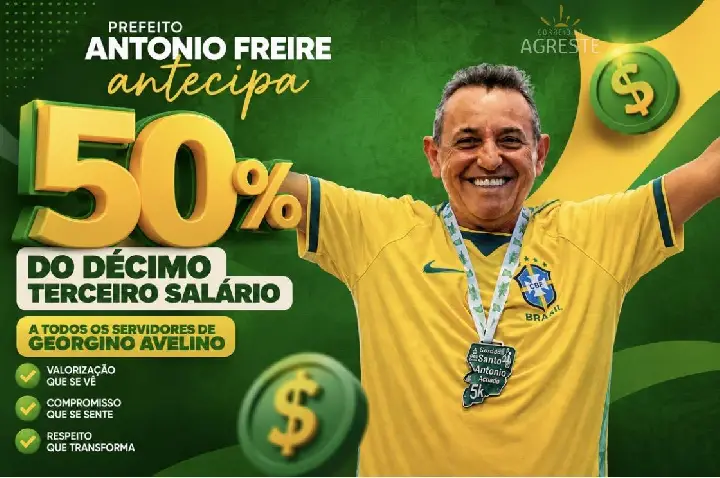 Prefeito Antonio Freire antecipa 50% do décimo terceiro salário aos servidores de Georgino Avelino