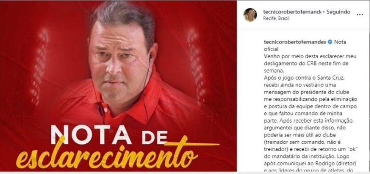 Saída de Roberto Fernandes do CRB gera polêmica
