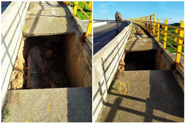 Piso de acesso para pedestre da ponte Newton Navarro cede e local é interditado