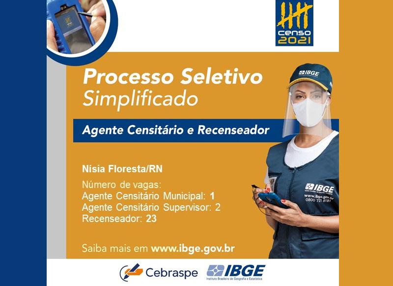 COM VAGAS PARA NÍSIA FLORESTA, INSCRIÇÕES PARA PROCESSOS SELETIVOS DO IBGE SEGUEM ABERTAS