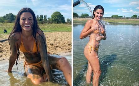MUSA DE 'PANTANAL', LETICIA SALLES TOMA BANHO DE LAMA EM RIO NOS INTERVALOS DAS GRAVAÇÕES