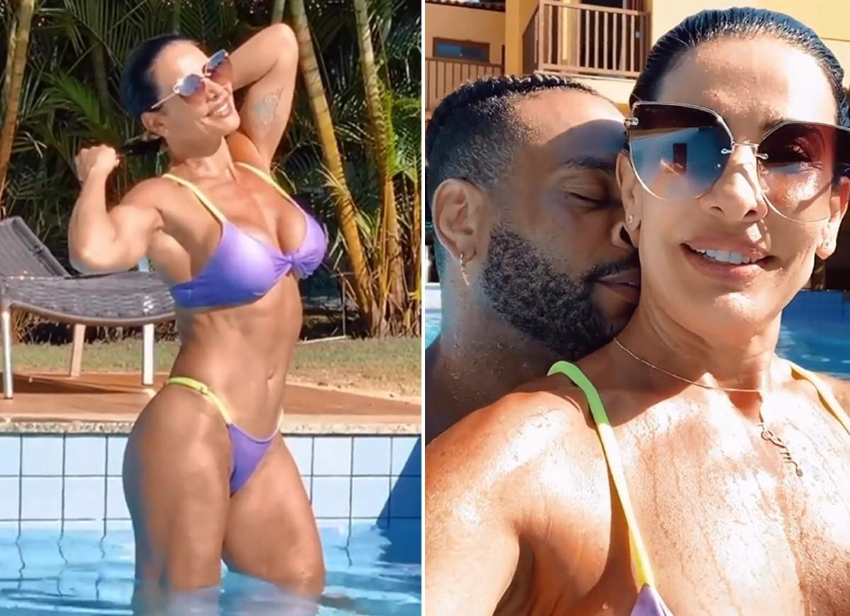 Scheila Carvalho curte piscina com Tony Salles e a filha, Giulia; vídeos