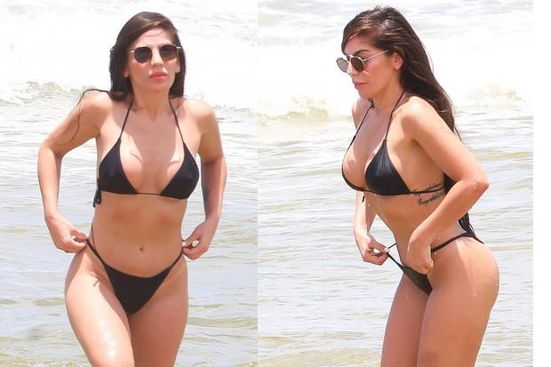 Lembra dela? Ex-BBB Anamara curte dia de praia no Rio de biquíni fio-dental