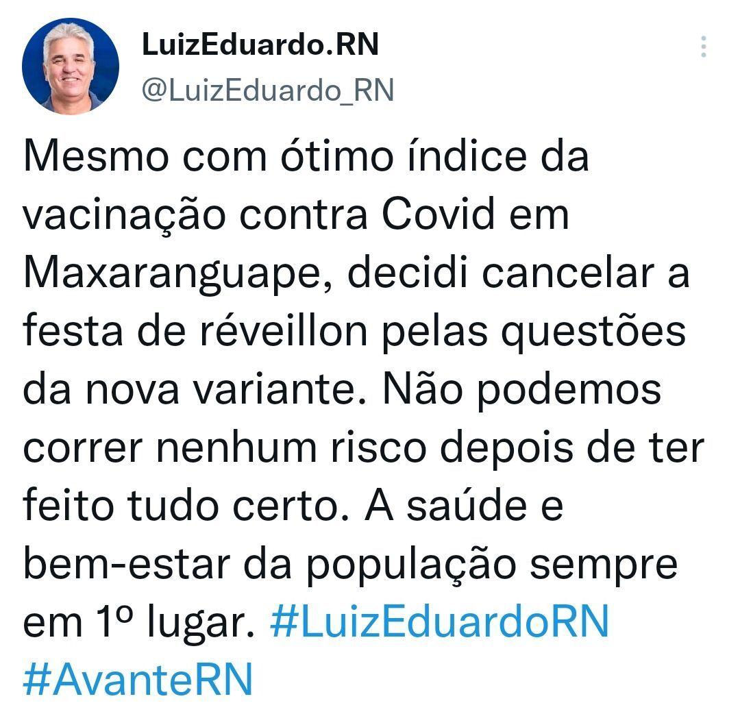 PREFEITO LUIZ EDUARDO CANCELA FESTA DE RÉVEILLON EM MAXARANGUAPE