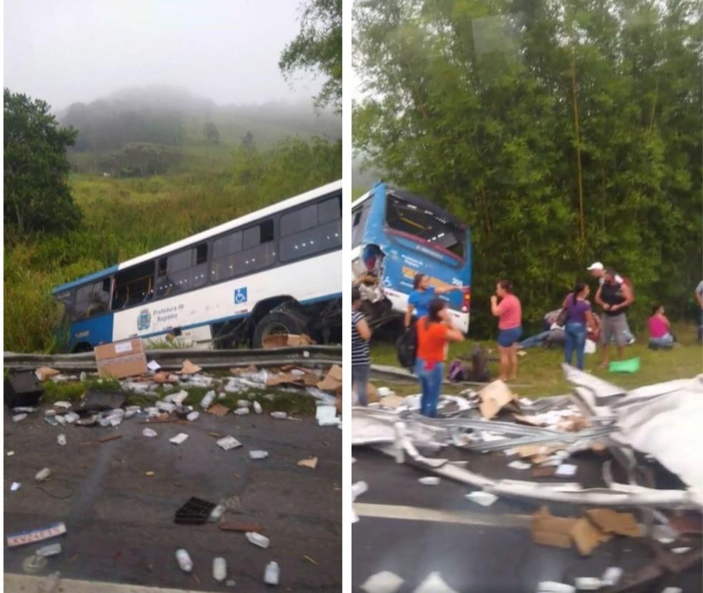 Ônibus municipal tomba em ribanceira após colisão com caminhão e deixa feridos na Régis Bittencourt, SP