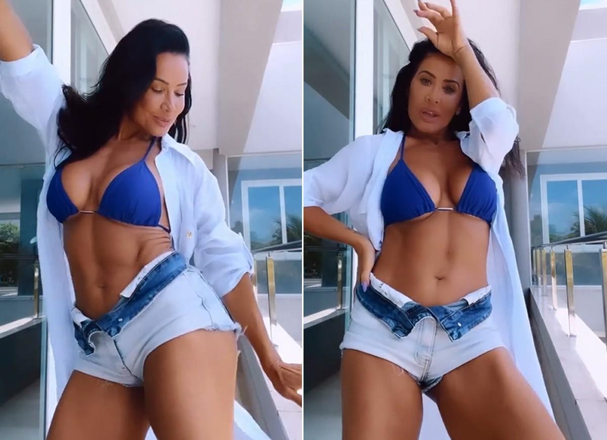 Scheila Carvalho arrasa ao dançar de biquíni e shortinho jeans; vídeos