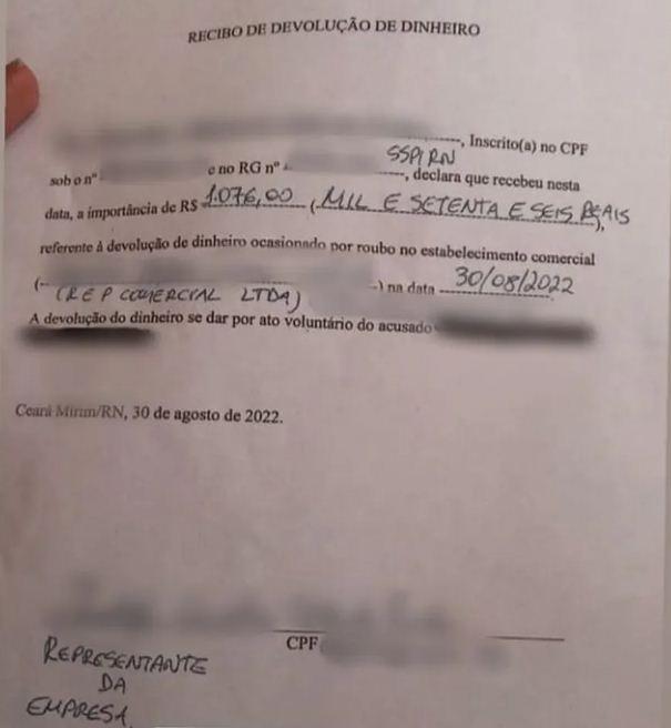 Ladrão se arrepende de assalto a farmácia na Grande Natal, devolve dinheiro e proprietário assina recibo de devolução