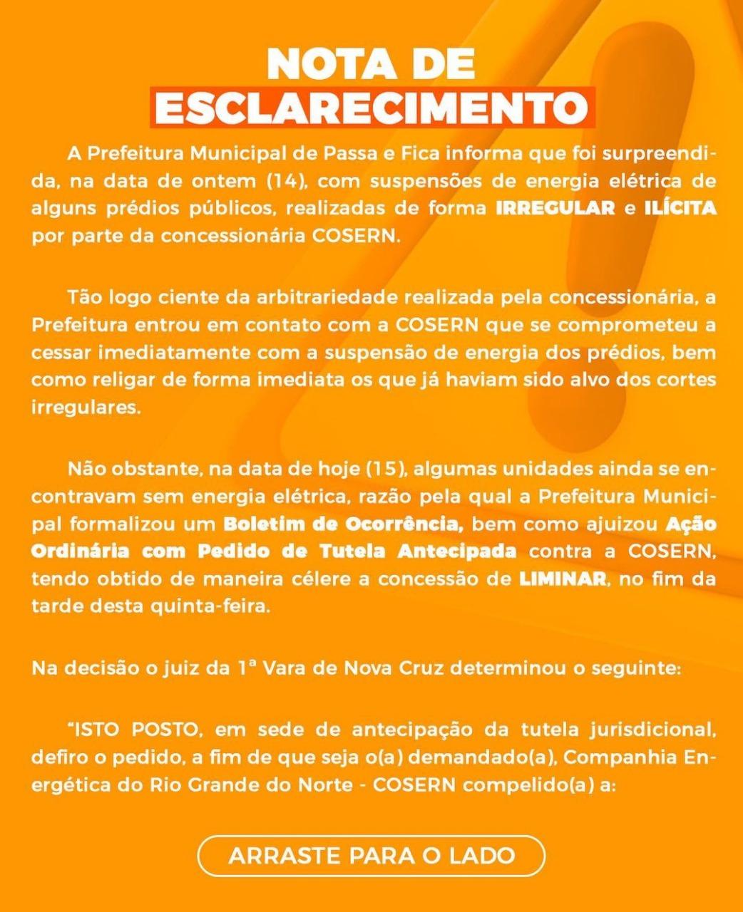 PREFEITURA DE PASSA E FICA EMITE NOTA DE ESCLARECIMENTO A RESPEITO DOS CORTES IRREGULARES DE ENERGIA ELÉTRICA EM PRÉDIOS PÚBLICOS
