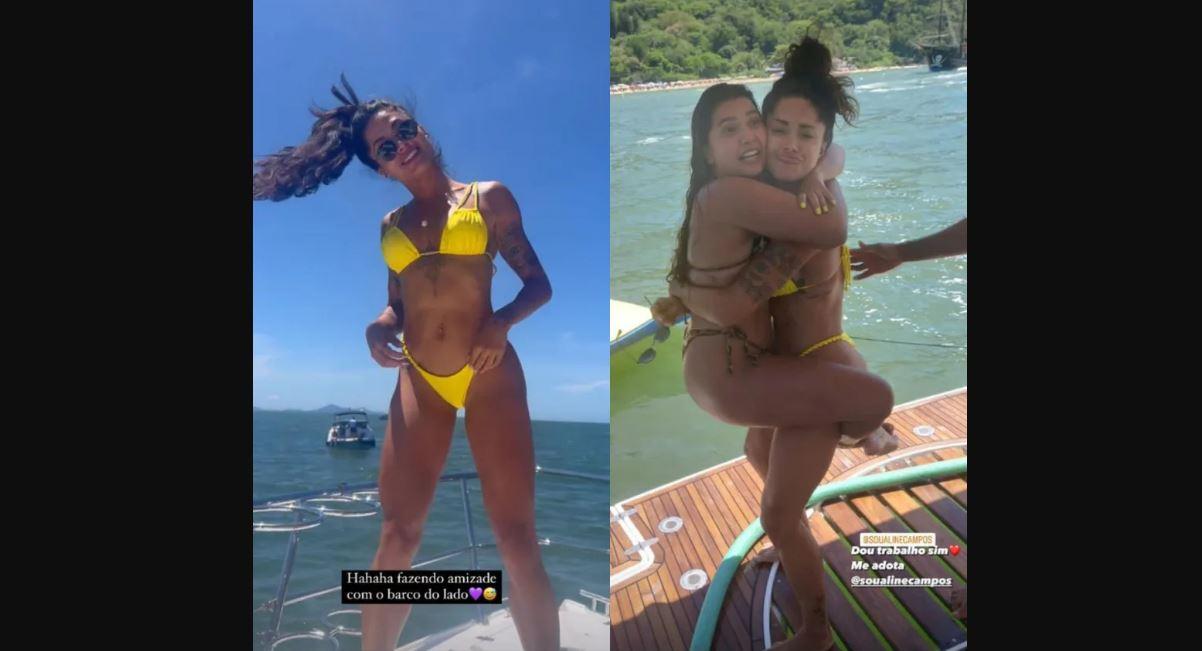 Aline Campos curte lancha de biquíni e é tietada em alto mar: 'Me adota'