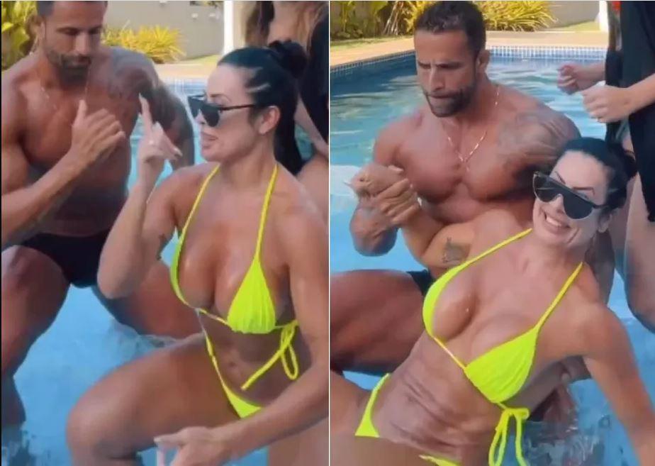 Scheila Carvalho cai ao dançar com sobrinho em piscina e brinca: 