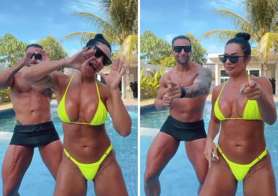 Scheila Carvalho dança na piscina com sobrinho 'fortão' e se declara a ele: 