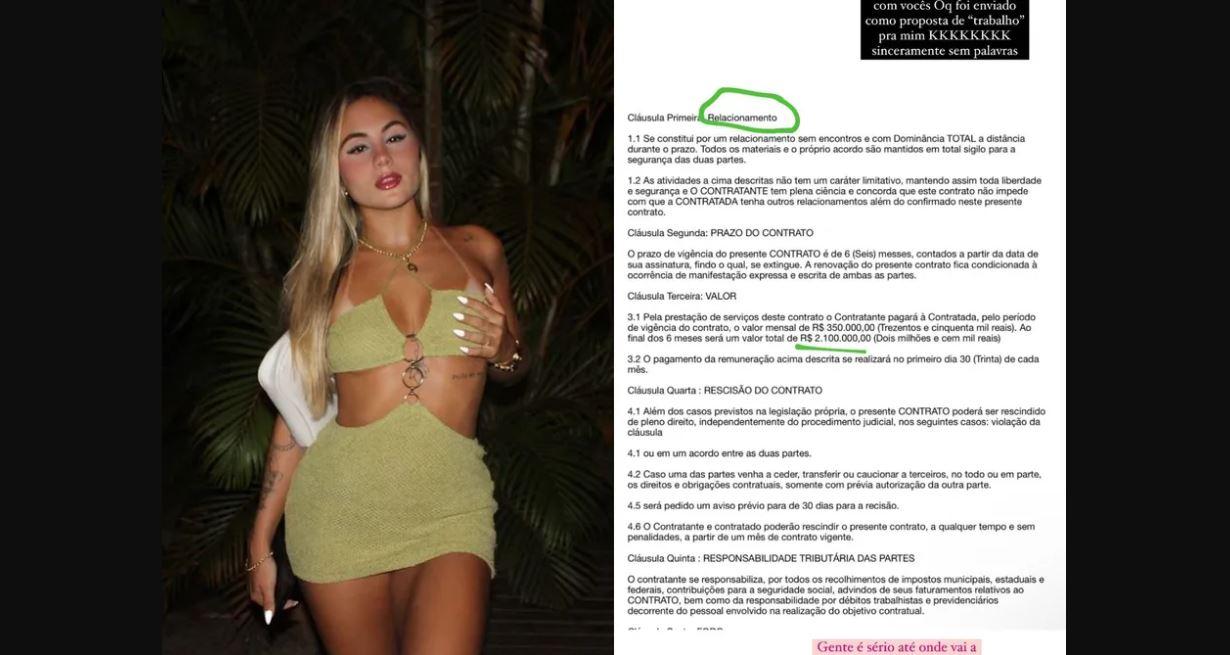Influenciadora recebe ‘proposta de relacionamento’ com salário de R$ 2,1 milhões