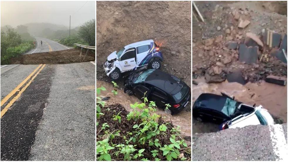 Carros caem em cratera aberta pela chuva no Ceará, e sete pessoas ficam feridas