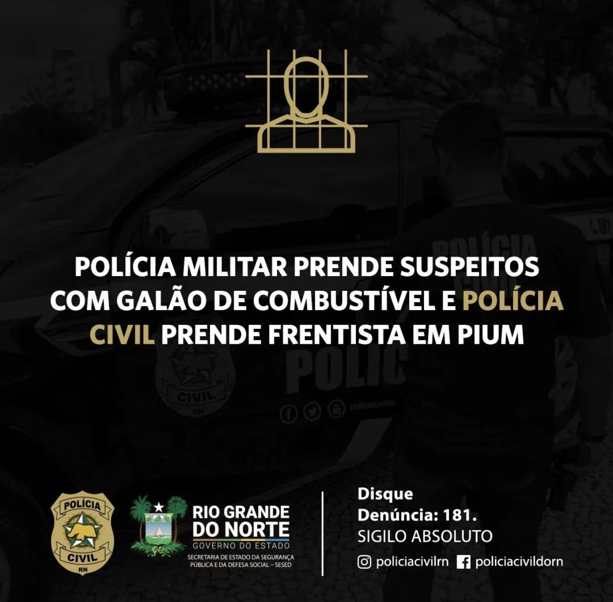 Polícia Militar prende suspeitos com galão de combustível e Polícia Civil prende frentista de posto de gasolina em Pium