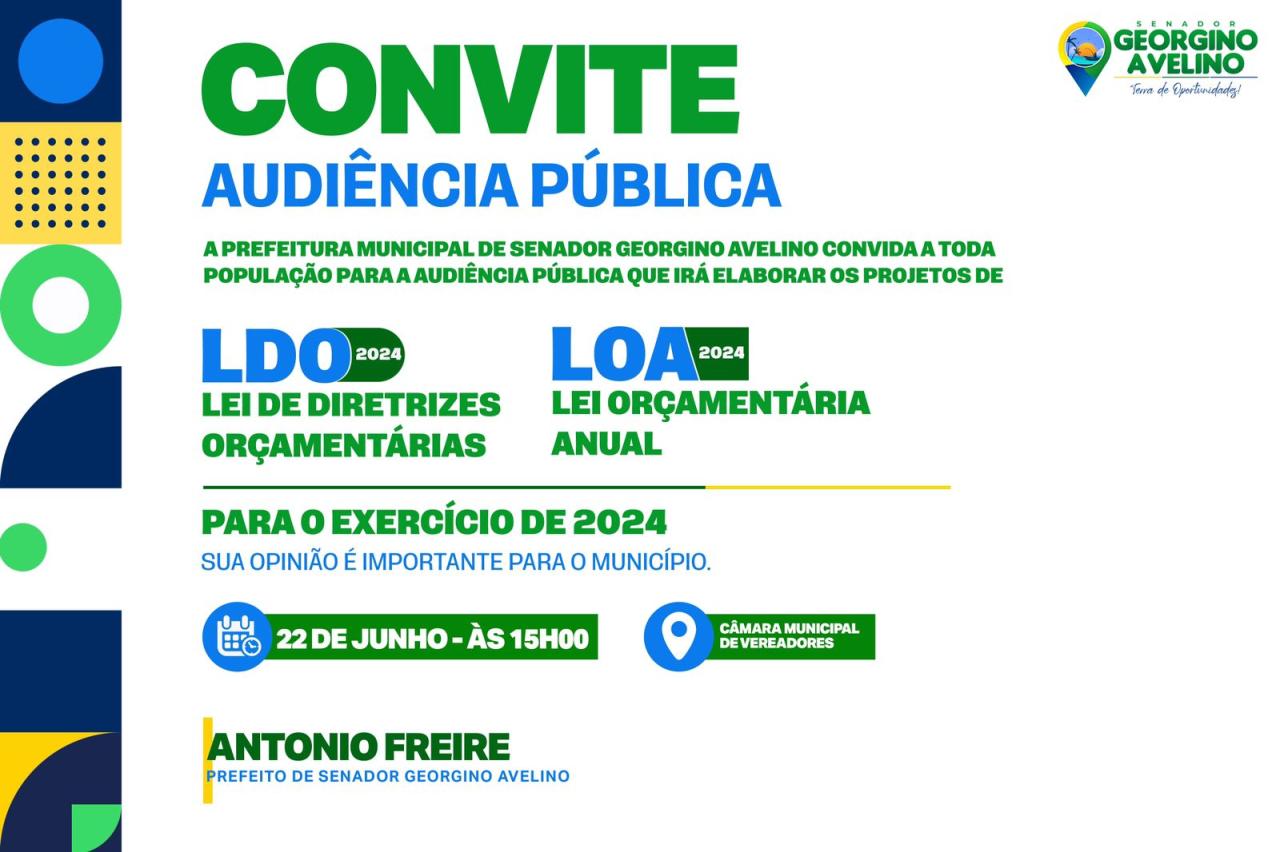 CONVITE: HOJE TEM AUDIÊNCIA PÚBLICA SOBRE LOA E LDO EM GEORGINO AVELINO