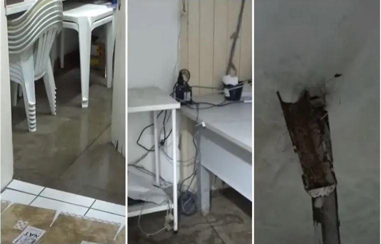 UBS no Alecrim fica inundada por causa da chuva e até lâmpada explode em sala