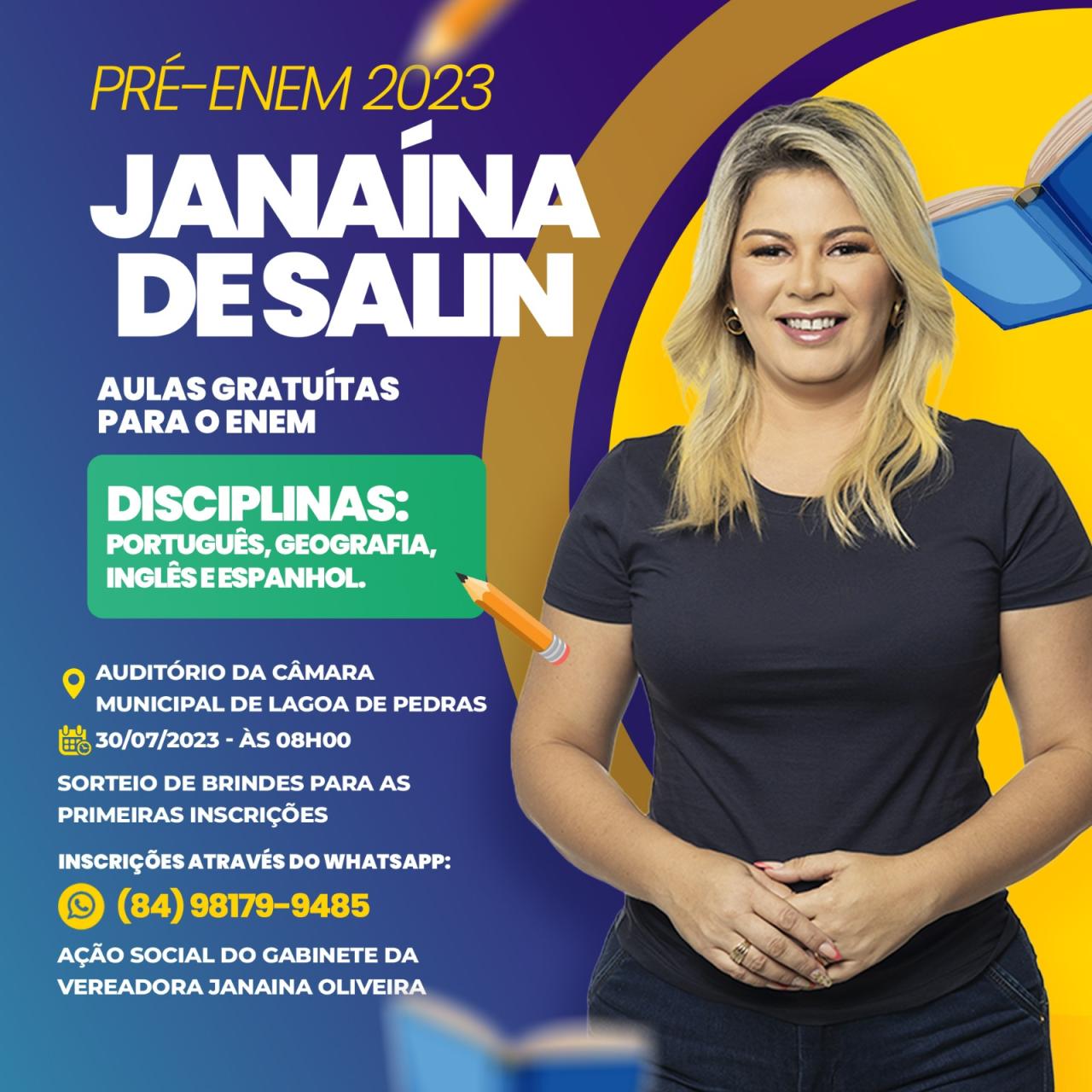 JANAÍNA DE SALIN PROMOVERÁ AULÃO PREPARATÓRIO PARA O ENEM 2023