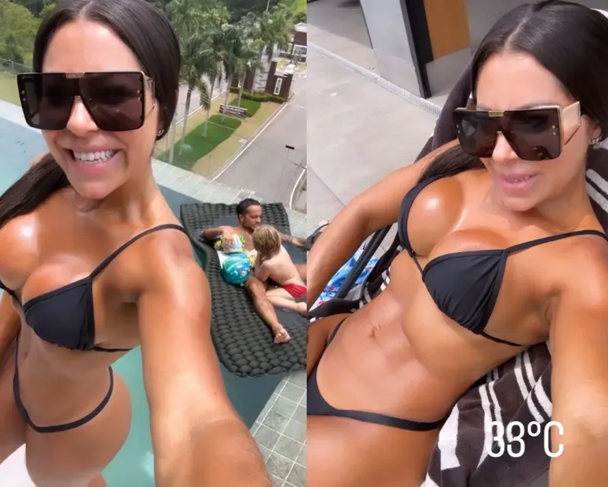 Andressa Miranda curte sol na piscina e aproveita para renovar bronzeado